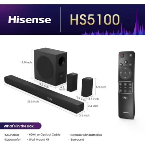 Hisense HS5100 Soundbar 5.1 Channel Wireless Subwoofer, Rear Speakers with Bluetooth - (3YRs WRTY)