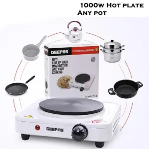 Geepas 1000W Single Hot Plate Precise Table Top Cooking Cast Iron Heating Plate Portable Electric Hob Single Burner with Adjustable Thermostat, White (1 YR WRNTY)