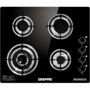 Geepas 4-Burner Gas Cooker-Tempered Glass Worktop, Automatic Ignition, 4 heating Zones-- Black