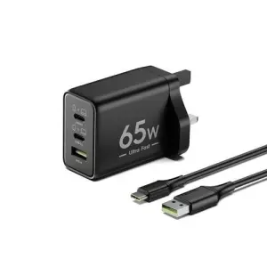 Tecno U60T 65W GaN 3 Ports Omni Fast Charger- Black/ White