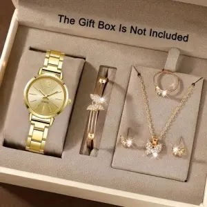 5pcs/set Women's Quartz Watch Set With Stainless Steel Band & Butterfly Jewelry