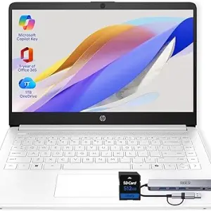 HP 14" Laptop · 576GB Storage · Microsoft 365 Included · 64GB + 512GB SD · 8GB RAM · HD Display · 12-Hour Battery · WiFi · Bluetooth · Windows 11 White