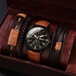 Men's Two Eyes Canvas Quartz Watch + PU Bracelet Set Watch